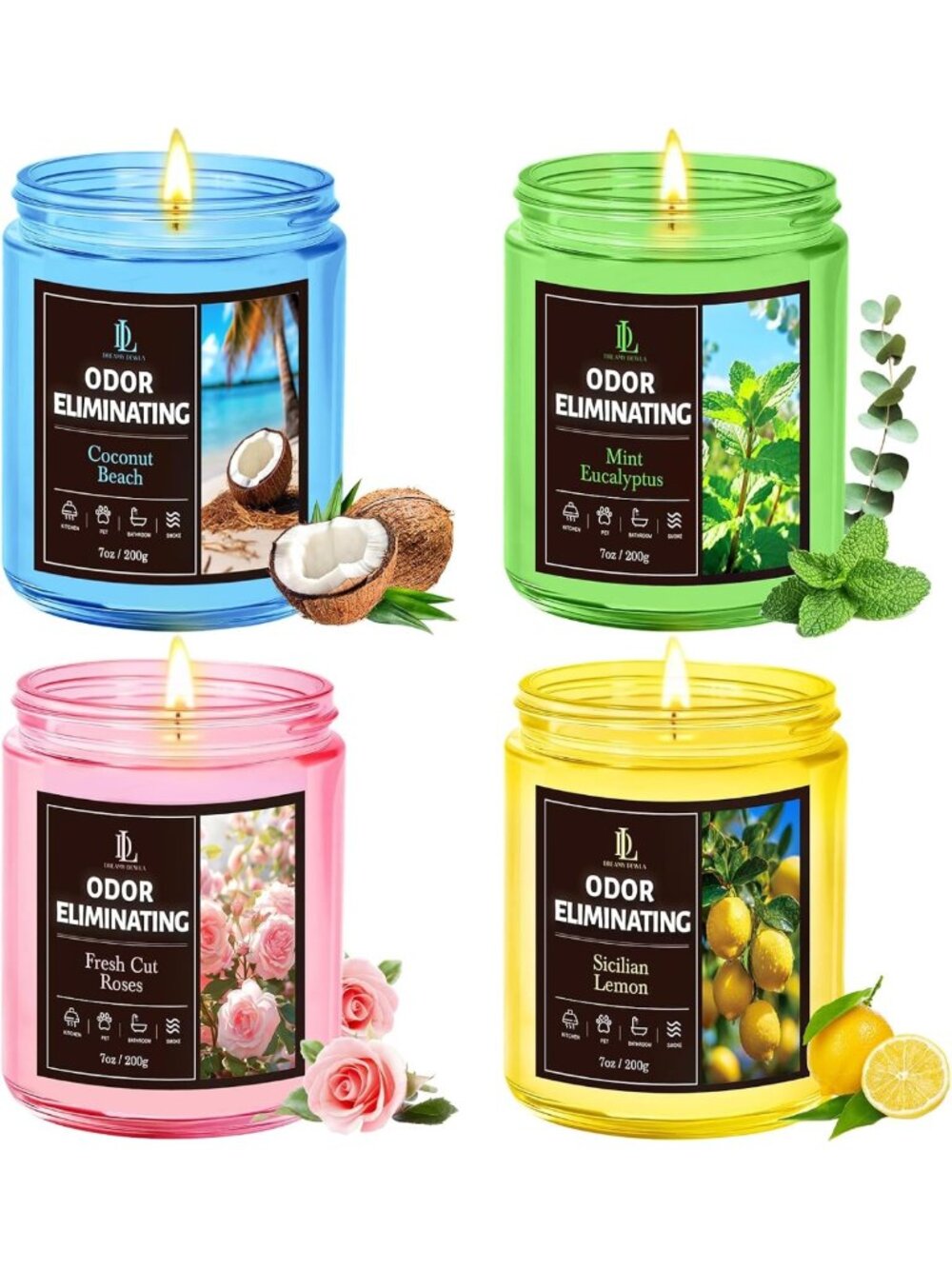 4 Pack Highly Fragranced Odor Eliminating Soy Candles - Fresh Scents for Home